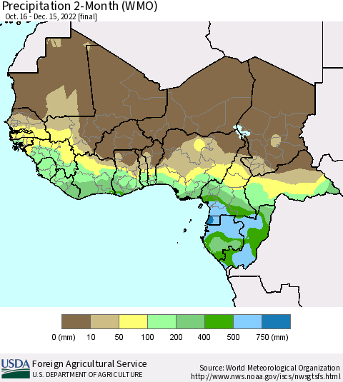 Western Africa Precipitation 2-Month (WMO) Thematic Map For 10/16/2022 - 12/15/2022