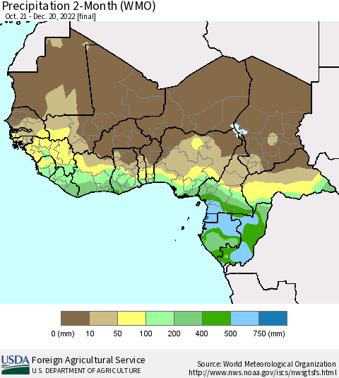 Western Africa Precipitation 2-Month (WMO) Thematic Map For 10/21/2022 - 12/20/2022