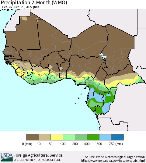 Western Africa Precipitation 2-Month (WMO) Thematic Map For 10/26/2022 - 12/25/2022