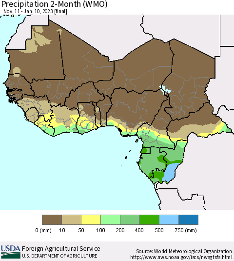 Western Africa Precipitation 2-Month (WMO) Thematic Map For 11/11/2022 - 1/10/2023