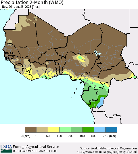 Western Africa Precipitation 2-Month (WMO) Thematic Map For 11/26/2022 - 1/25/2023