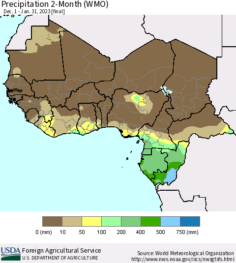 Western Africa Precipitation 2-Month (WMO) Thematic Map For 12/1/2022 - 1/31/2023