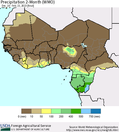 Western Africa Precipitation 2-Month (WMO) Thematic Map For 12/16/2022 - 2/15/2023