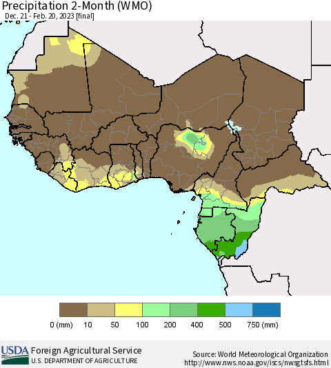 Western Africa Precipitation 2-Month (WMO) Thematic Map For 12/21/2022 - 2/20/2023