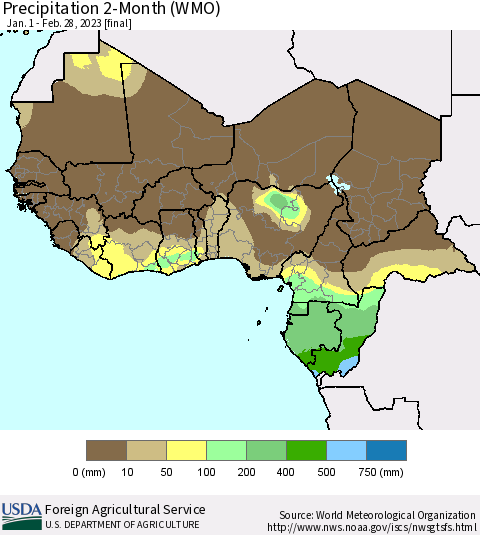 Western Africa Precipitation 2-Month (WMO) Thematic Map For 1/1/2023 - 2/28/2023