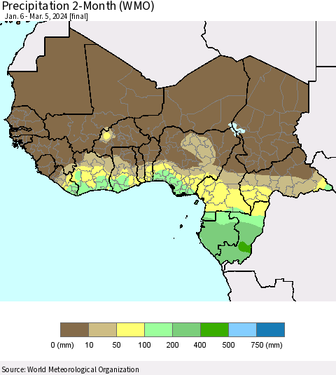 Western Africa Precipitation 2-Month (WMO) Thematic Map For 1/6/2024 - 3/5/2024