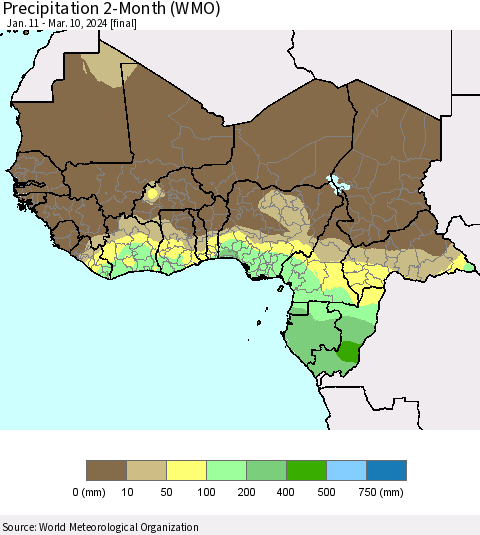 Western Africa Precipitation 2-Month (WMO) Thematic Map For 1/11/2024 - 3/10/2024