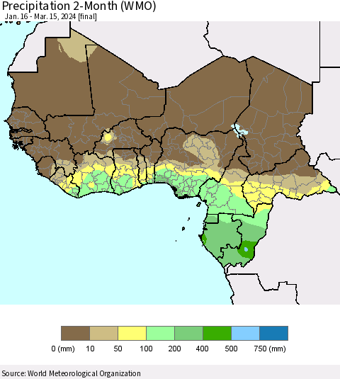 Western Africa Precipitation 2-Month (WMO) Thematic Map For 1/16/2024 - 3/15/2024