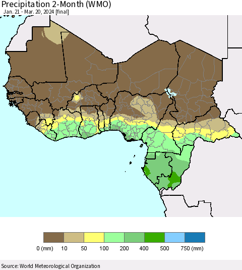 Western Africa Precipitation 2-Month (WMO) Thematic Map For 1/21/2024 - 3/20/2024
