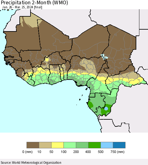 Western Africa Precipitation 2-Month (WMO) Thematic Map For 1/26/2024 - 3/25/2024