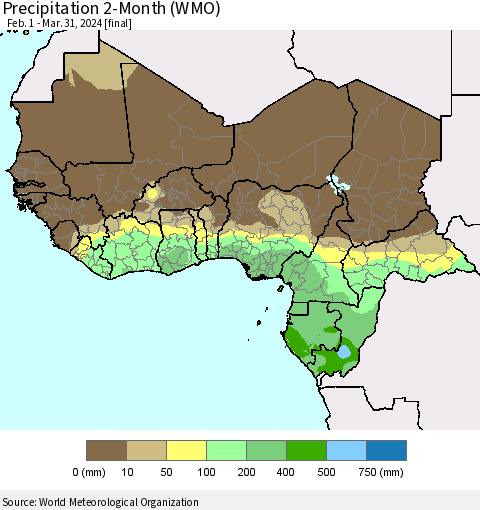 Western Africa Precipitation 2-Month (WMO) Thematic Map For 2/1/2024 - 3/31/2024