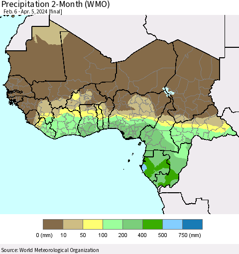 Western Africa Precipitation 2-Month (WMO) Thematic Map For 2/6/2024 - 4/5/2024