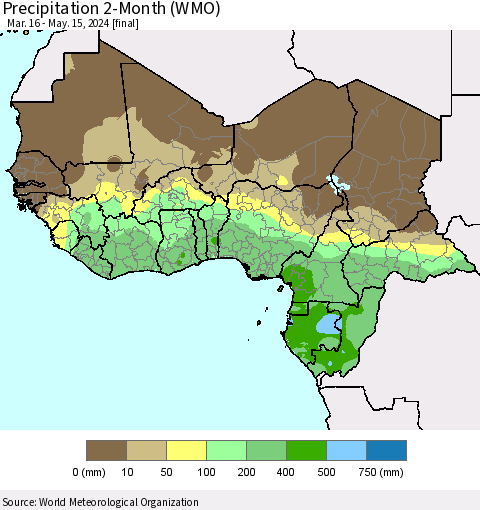 Western Africa Precipitation 2-Month (WMO) Thematic Map For 3/16/2024 - 5/15/2024