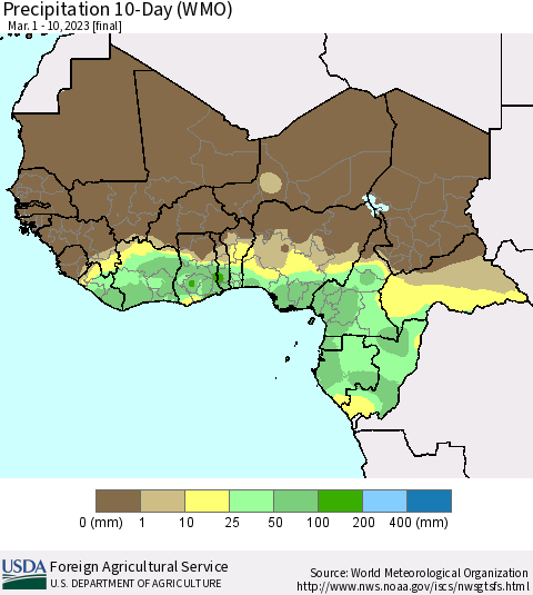 Western Africa Precipitation 10-Day (WMO) Thematic Map For 3/1/2023 - 3/10/2023