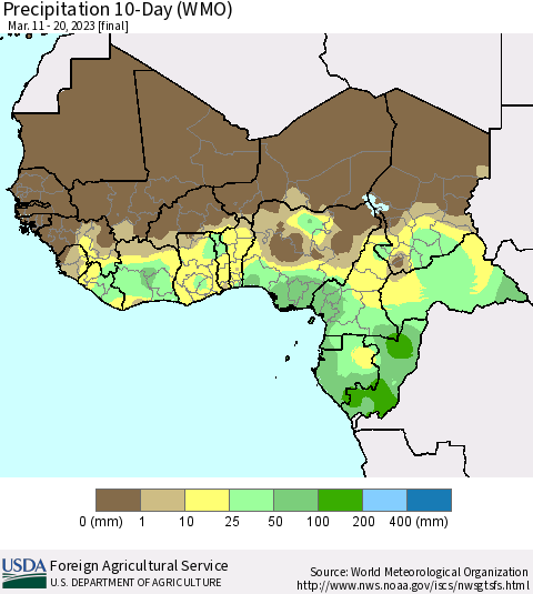 Western Africa Precipitation 10-Day (WMO) Thematic Map For 3/11/2023 - 3/20/2023
