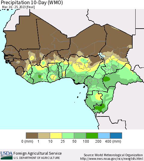 Western Africa Precipitation 10-Day (WMO) Thematic Map For 3/16/2023 - 3/25/2023