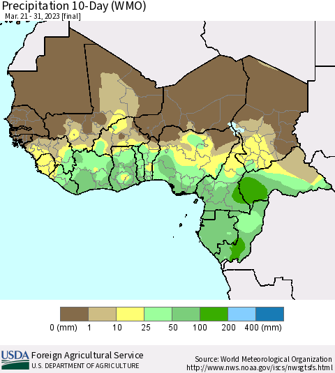 Western Africa Precipitation 10-Day (WMO) Thematic Map For 3/21/2023 - 3/31/2023