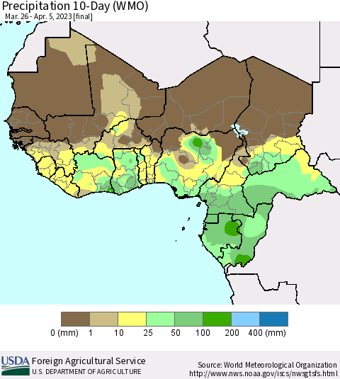 Western Africa Precipitation 10-Day (WMO) Thematic Map For 3/26/2023 - 4/5/2023