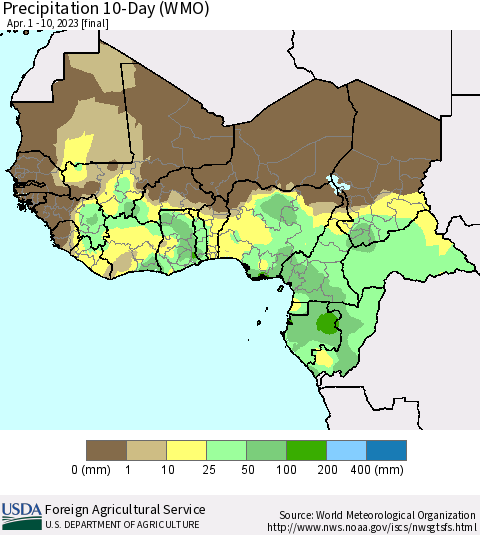 Western Africa Precipitation 10-Day (WMO) Thematic Map For 4/1/2023 - 4/10/2023