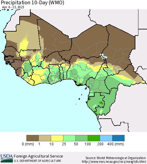 Western Africa Precipitation 10-Day (WMO) Thematic Map For 4/6/2023 - 4/15/2023