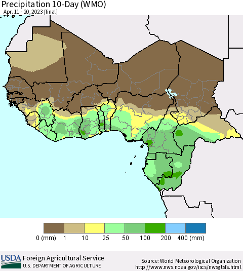Western Africa Precipitation 10-Day (WMO) Thematic Map For 4/11/2023 - 4/20/2023