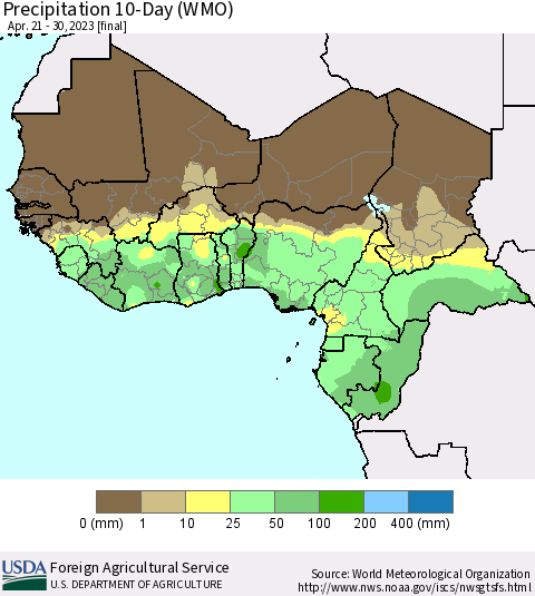 Western Africa Precipitation 10-Day (WMO) Thematic Map For 4/21/2023 - 4/30/2023