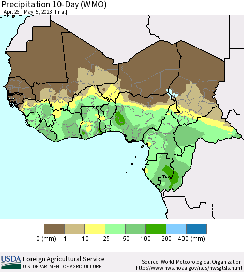 Western Africa Precipitation 10-Day (WMO) Thematic Map For 4/26/2023 - 5/5/2023