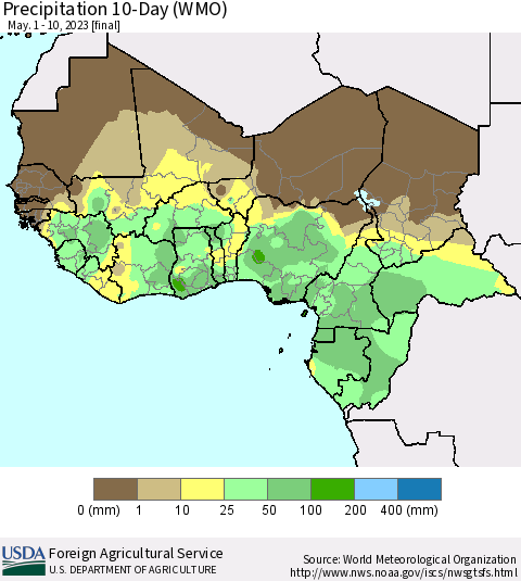 Western Africa Precipitation 10-Day (WMO) Thematic Map For 5/1/2023 - 5/10/2023