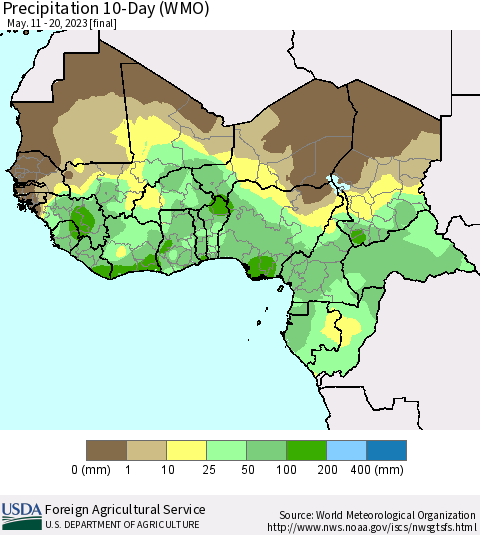 Western Africa Precipitation 10-Day (WMO) Thematic Map For 5/11/2023 - 5/20/2023