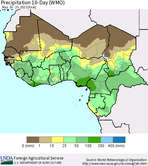 Western Africa Precipitation 10-Day (WMO) Thematic Map For 5/16/2023 - 5/25/2023