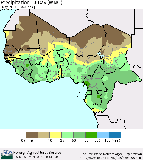Western Africa Precipitation 10-Day (WMO) Thematic Map For 5/21/2023 - 5/31/2023