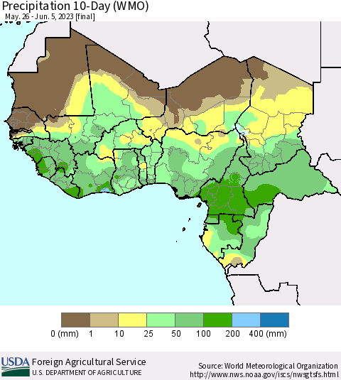 Western Africa Precipitation 10-Day (WMO) Thematic Map For 5/26/2023 - 6/5/2023