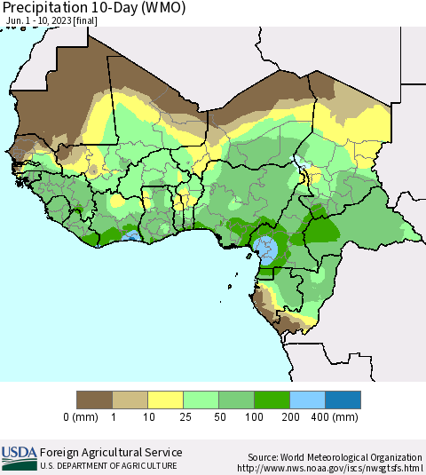 Western Africa Precipitation 10-Day (WMO) Thematic Map For 6/1/2023 - 6/10/2023