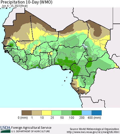 Western Africa Precipitation 10-Day (WMO) Thematic Map For 6/6/2023 - 6/15/2023