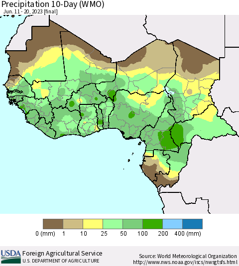 Western Africa Precipitation 10-Day (WMO) Thematic Map For 6/11/2023 - 6/20/2023