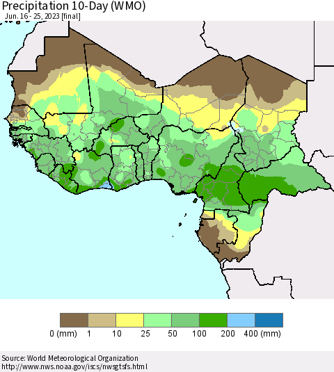 Western Africa Precipitation 10-Day (WMO) Thematic Map For 6/16/2023 - 6/25/2023