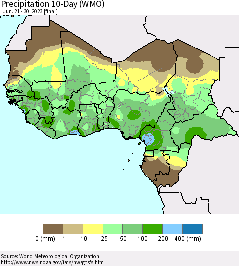 Western Africa Precipitation 10-Day (WMO) Thematic Map For 6/21/2023 - 6/30/2023