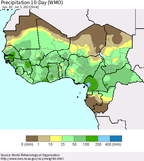 Western Africa Precipitation 10-Day (WMO) Thematic Map For 6/26/2023 - 7/5/2023