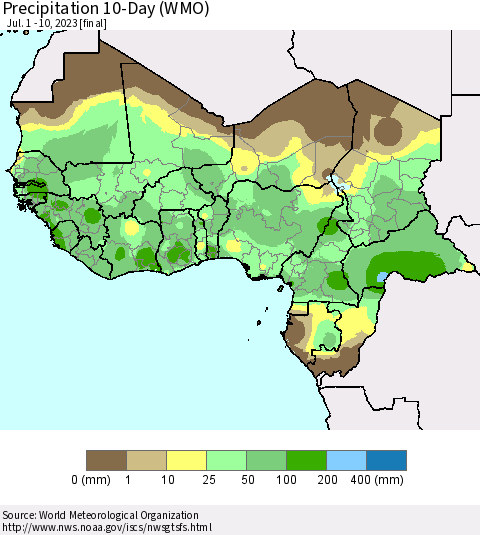 Western Africa Precipitation 10-Day (WMO) Thematic Map For 7/1/2023 - 7/10/2023