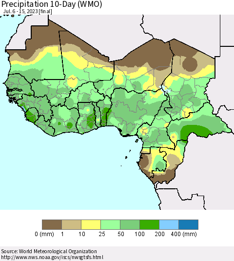 Western Africa Precipitation 10-Day (WMO) Thematic Map For 7/6/2023 - 7/15/2023
