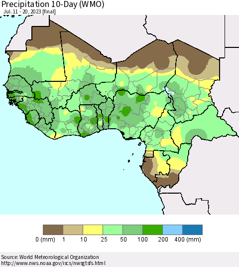Western Africa Precipitation 10-Day (WMO) Thematic Map For 7/11/2023 - 7/20/2023