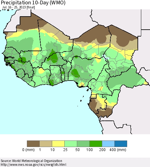 Western Africa Precipitation 10-Day (WMO) Thematic Map For 7/16/2023 - 7/25/2023