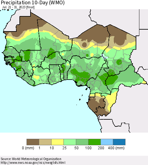 Western Africa Precipitation 10-Day (WMO) Thematic Map For 7/21/2023 - 7/31/2023
