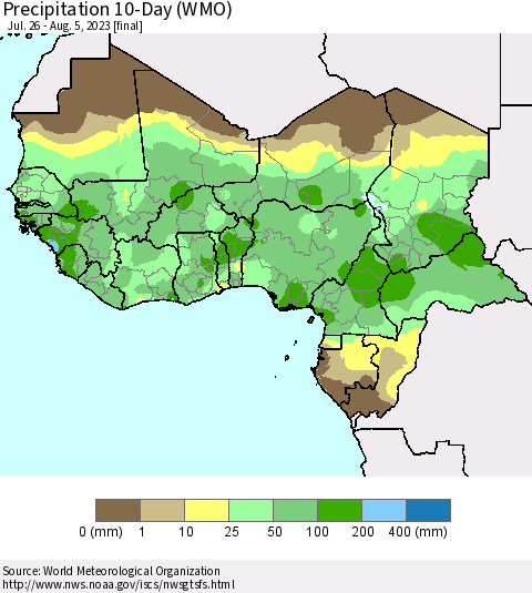 Western Africa Precipitation 10-Day (WMO) Thematic Map For 7/26/2023 - 8/5/2023