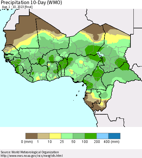 Western Africa Precipitation 10-Day (WMO) Thematic Map For 8/1/2023 - 8/10/2023