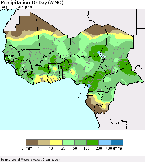 Western Africa Precipitation 10-Day (WMO) Thematic Map For 8/6/2023 - 8/15/2023