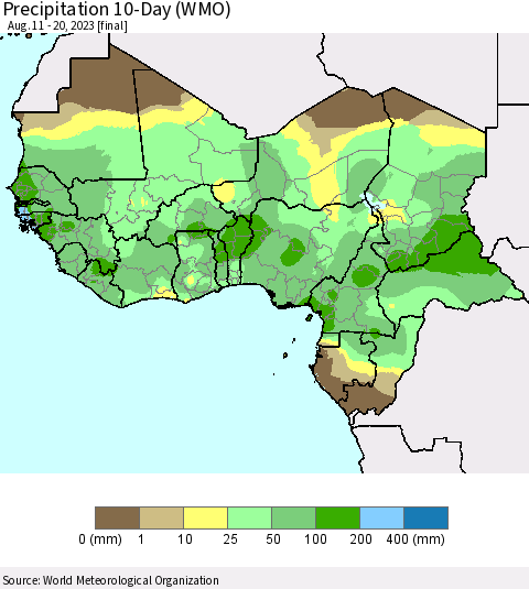 Western Africa Precipitation 10-Day (WMO) Thematic Map For 8/11/2023 - 8/20/2023