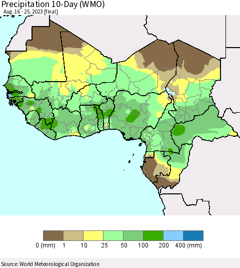 Western Africa Precipitation 10-Day (WMO) Thematic Map For 8/16/2023 - 8/25/2023