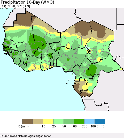 Western Africa Precipitation 10-Day (WMO) Thematic Map For 8/21/2023 - 8/31/2023