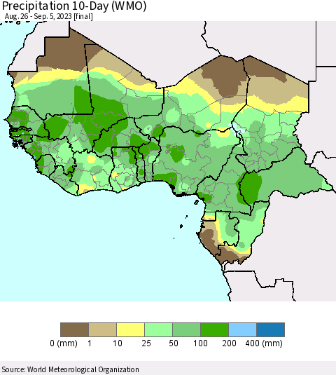 Western Africa Precipitation 10-Day (WMO) Thematic Map For 8/26/2023 - 9/5/2023